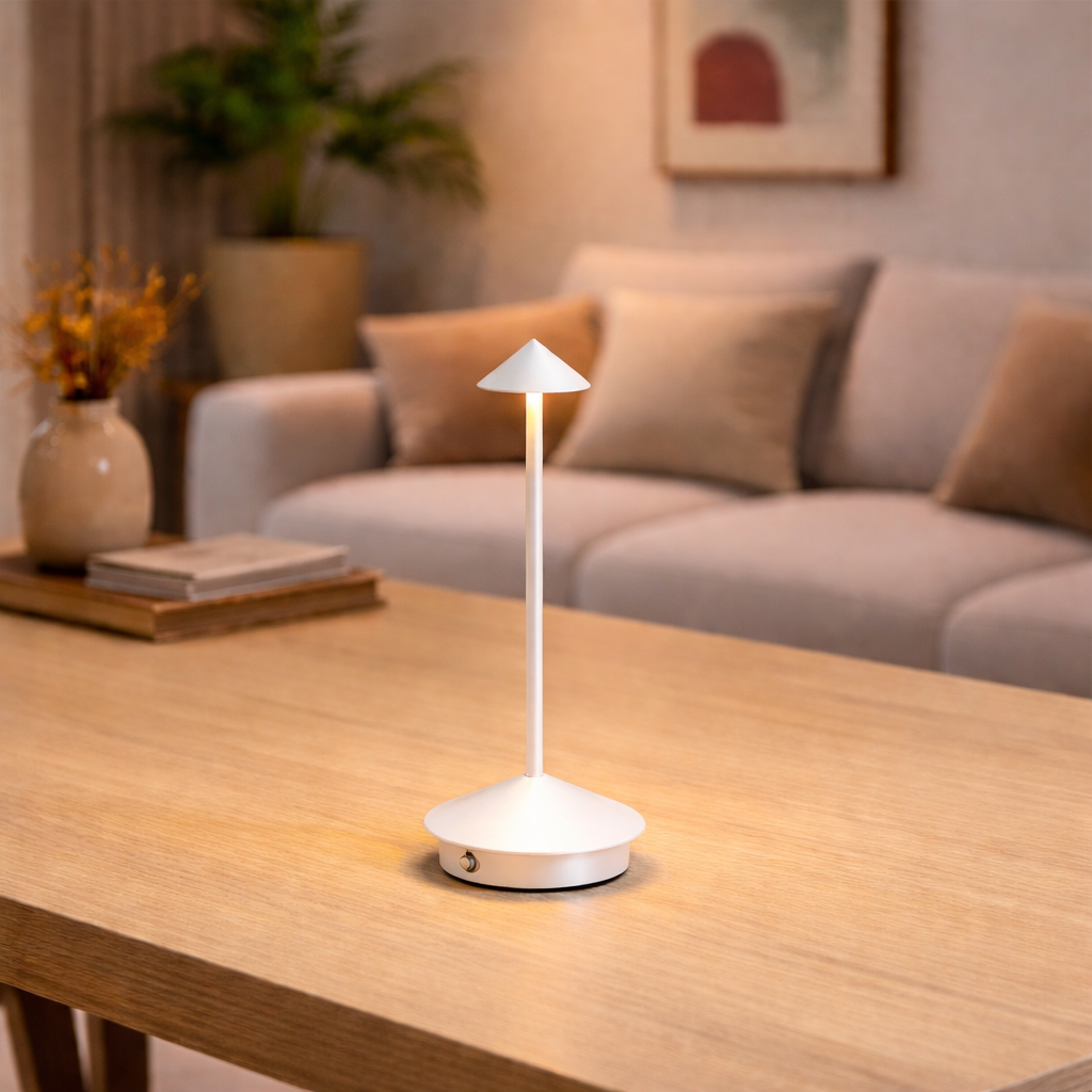 White lamp on a wooden table in a cozy living room setting