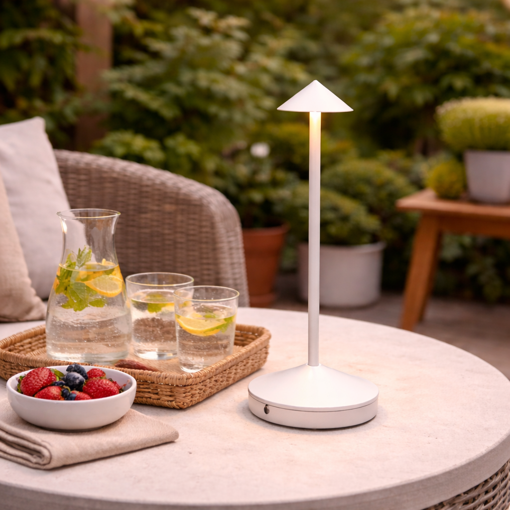 Outdoor setting with a table featuring a lamp, fruit bowl, and drinks, surrounded by greenery.
