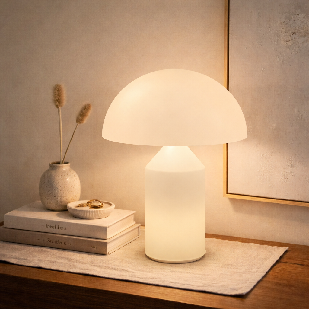 Table lamp on a wooden surface with books and decorative items in a warm setting