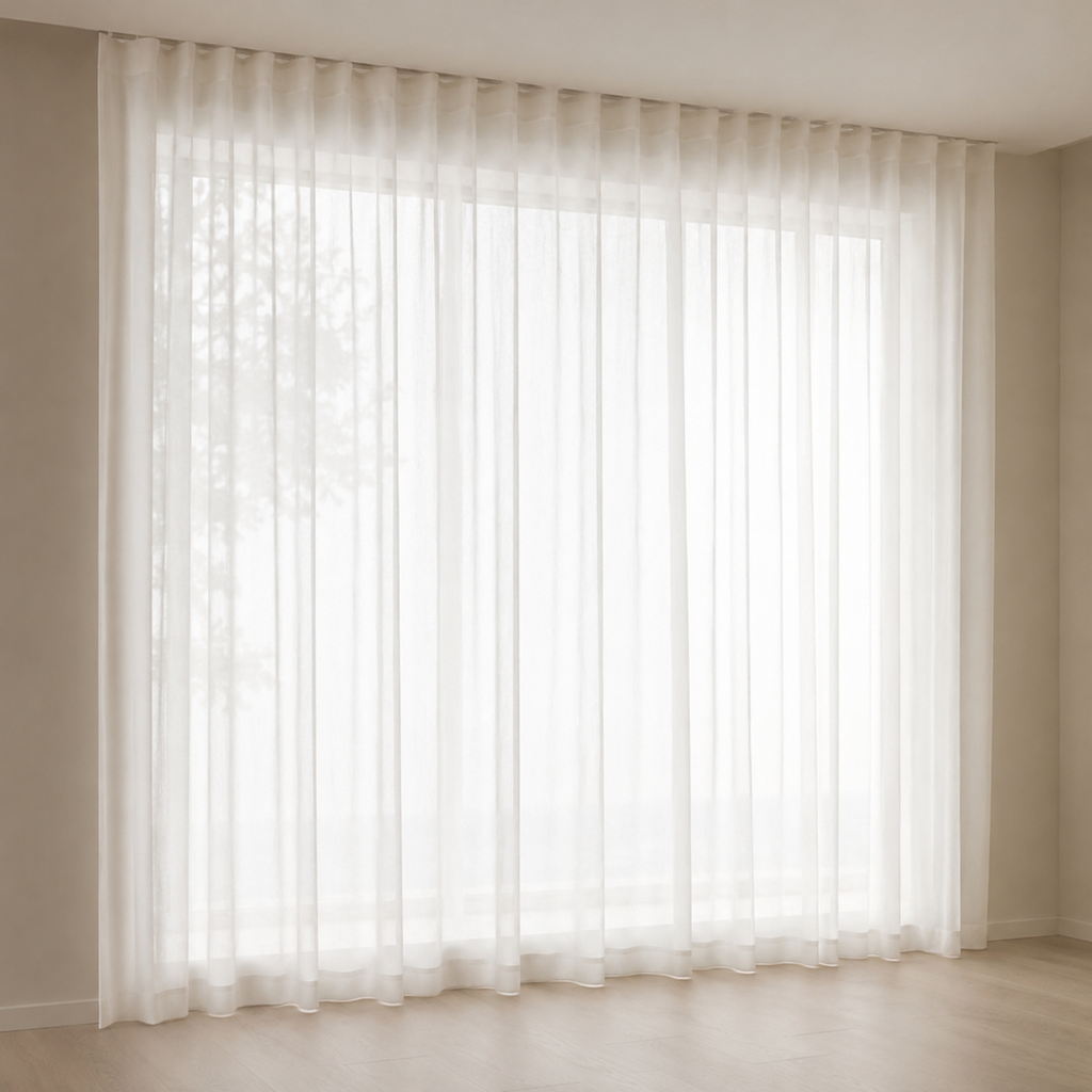 Sheer white curtains in a room with beige walls and floor.