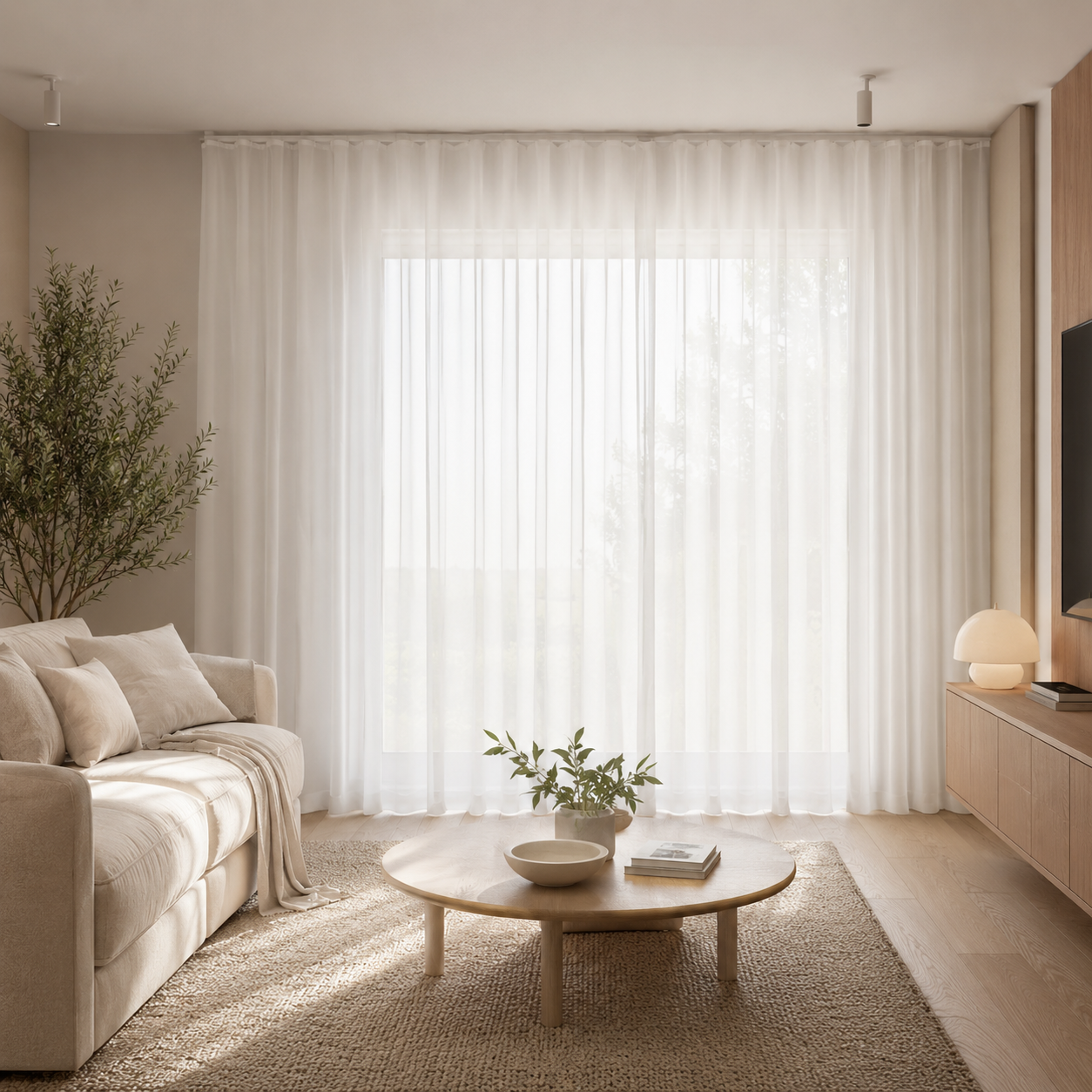 Tulle curtain in a nice living room, flowy nice white curtains