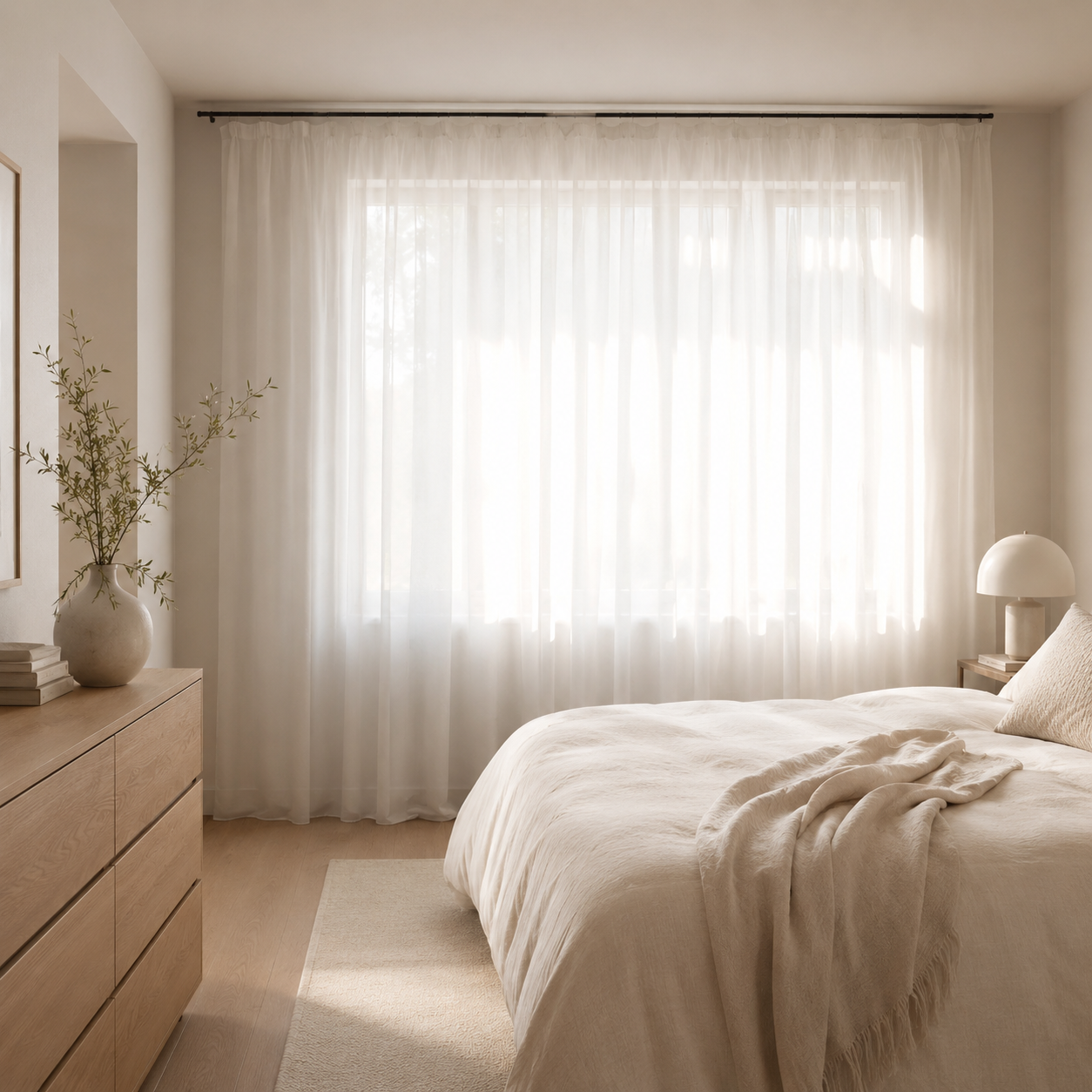 Neatly arranged bedroom with a bed, dresser, and large window with sheer curtains.