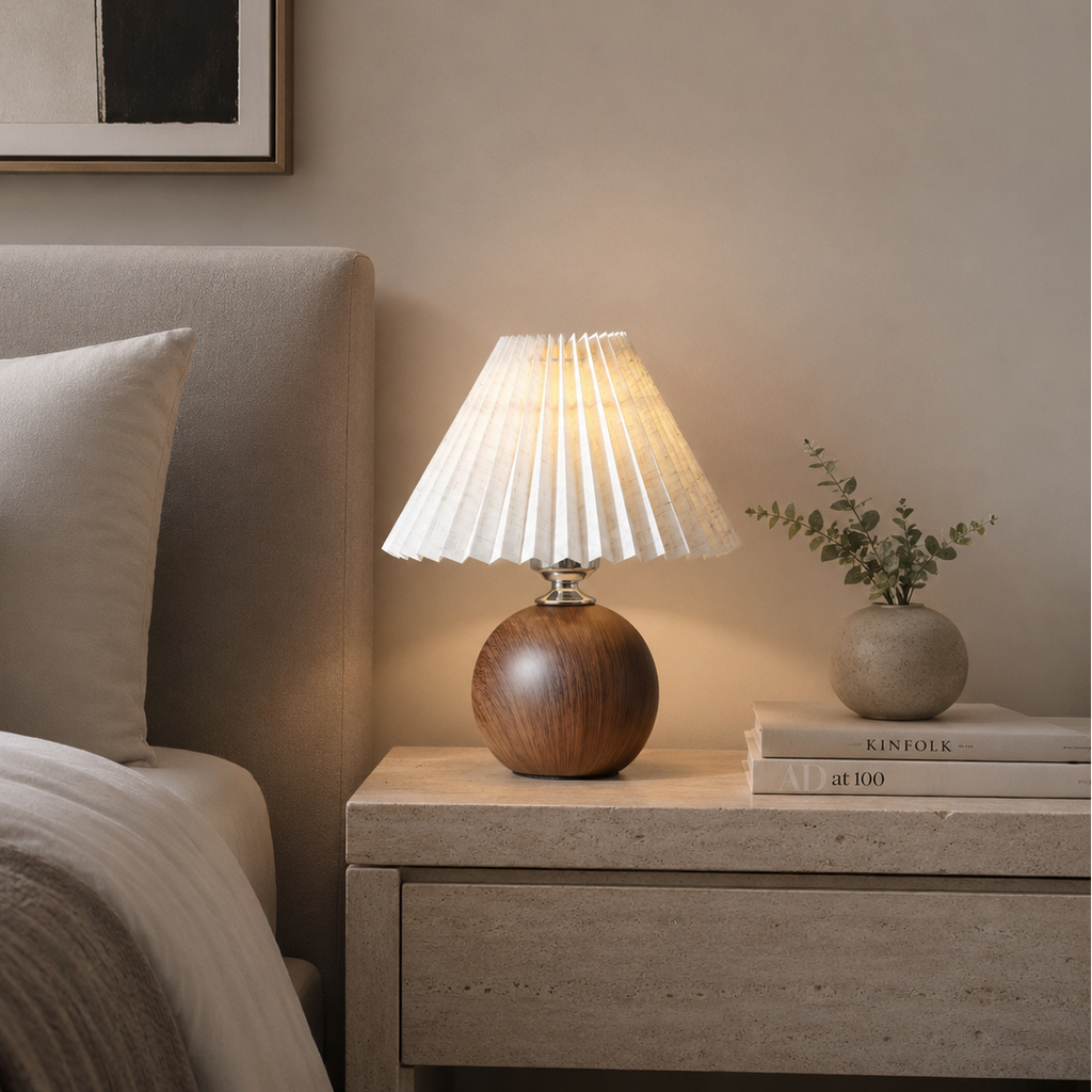 Wooden lamp on a nightstand next to a bed with neutral bedding.