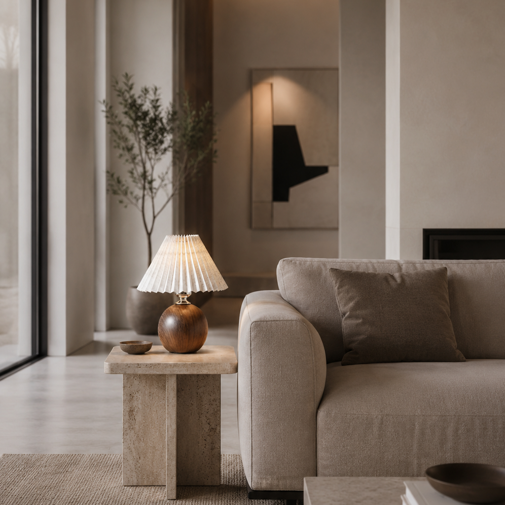 Modern living room with a beige sofa, lamp, and decorative items.