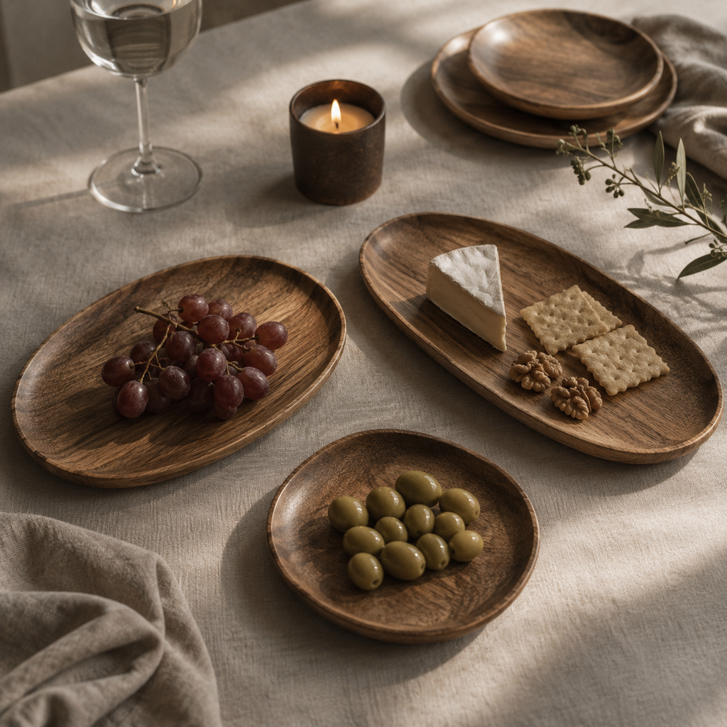 Nice dinner table with wooden trays in irregular shapes in nice wood with food on. 