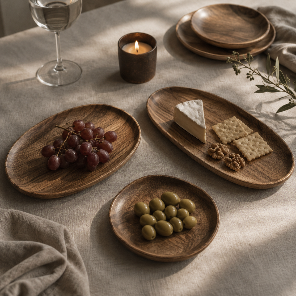 Nice dinner table with wooden trays in irregular shapes in nice wood with food on. 