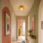 Colorful hallway with abstract art, a rug, a nice yellow ceiling lamp in glass and plants.