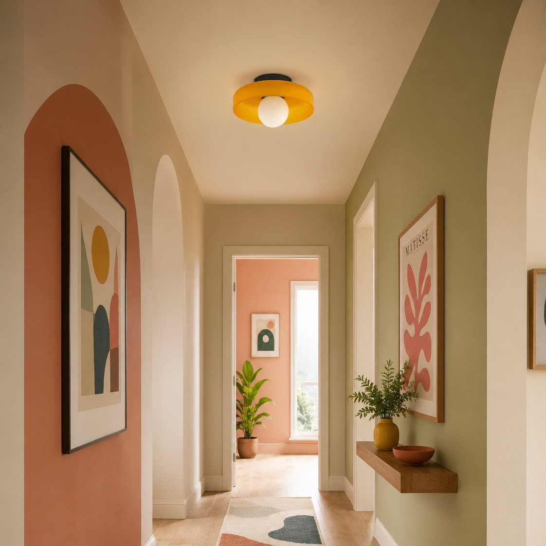 Colorful hallway with abstract art, a rug, a nice yellow ceiling lamp in glass and plants.