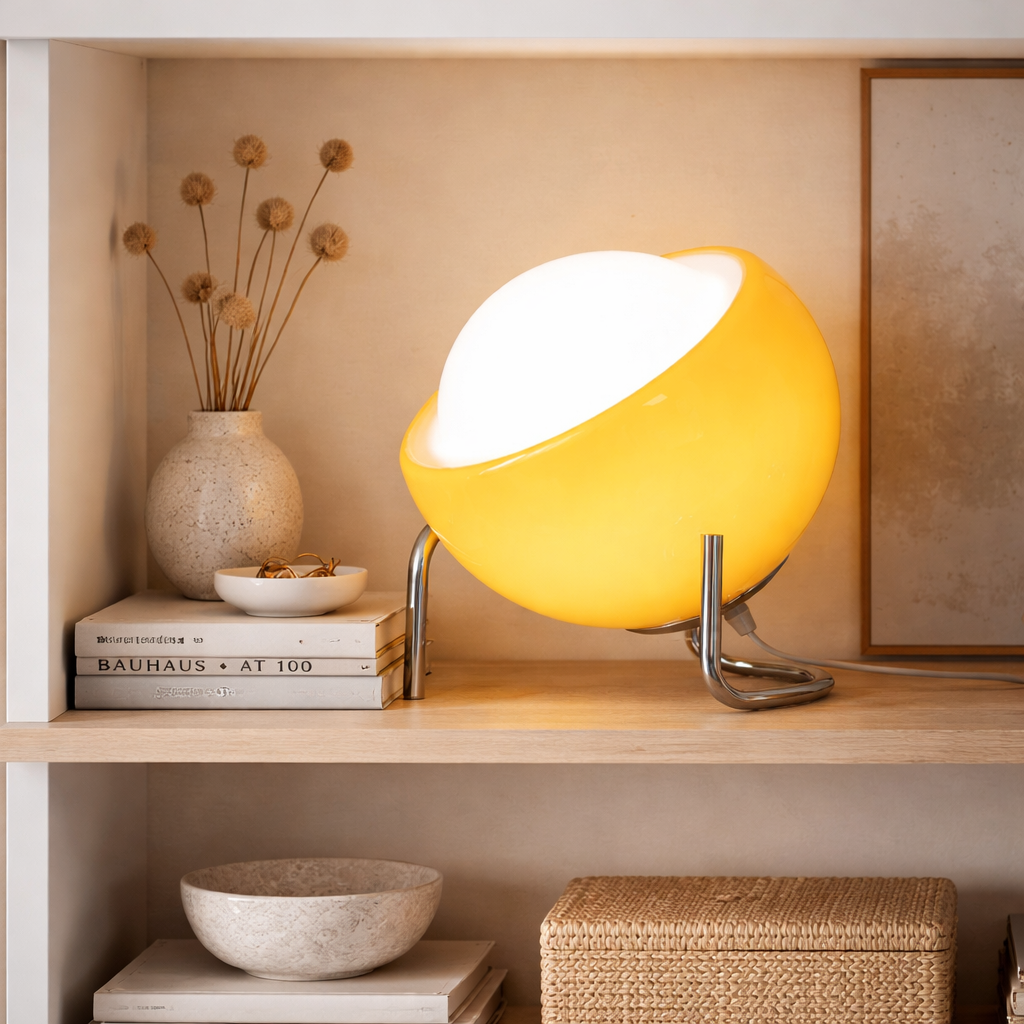 Yellow lamp on a shelf with decorative items