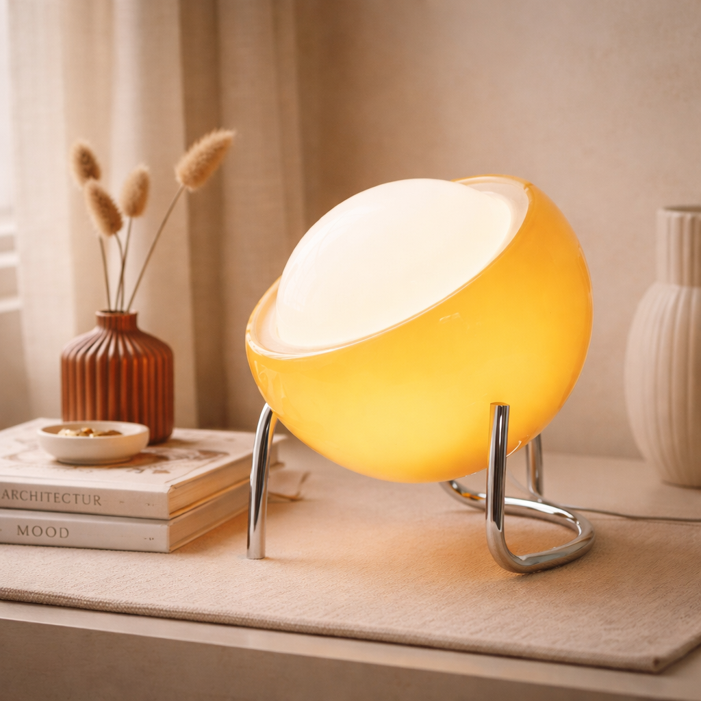 Yellow and white lamp on a wooden surface with books and decorative items in the background